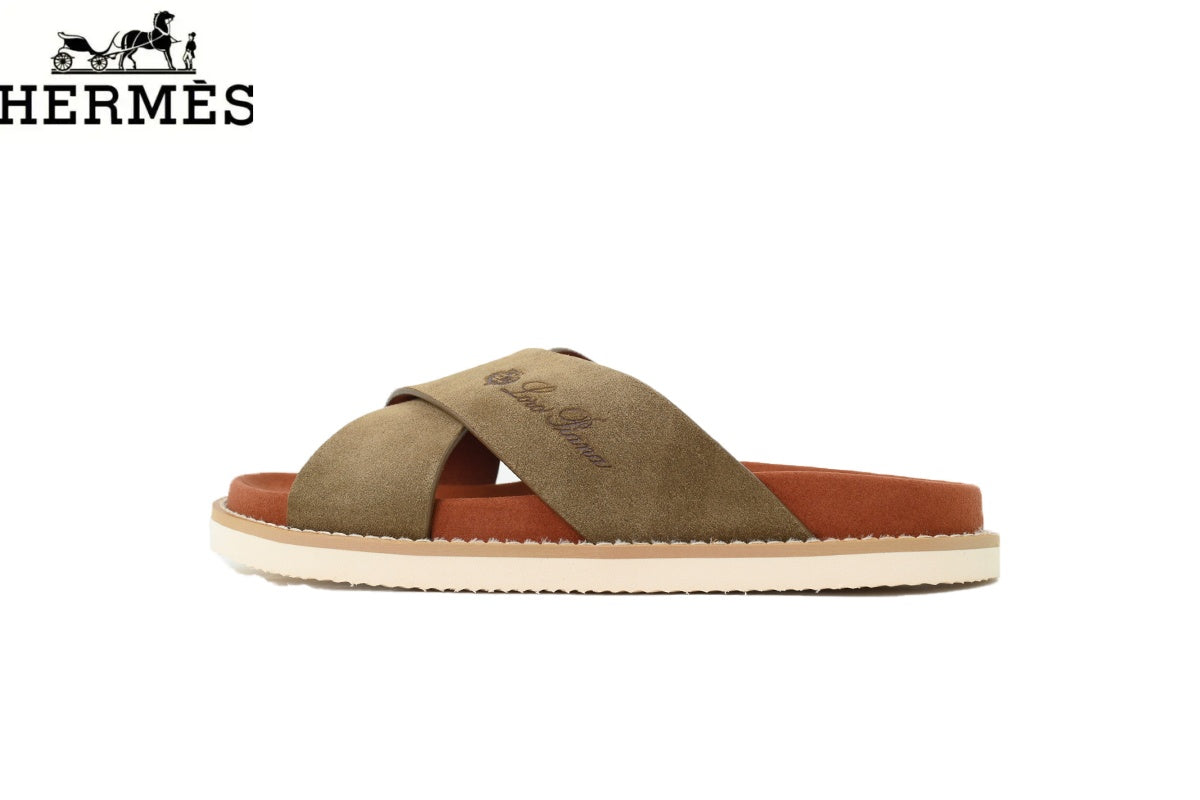 Loro Piana Cross Strap Suede Slide Sandals "Olive Green"