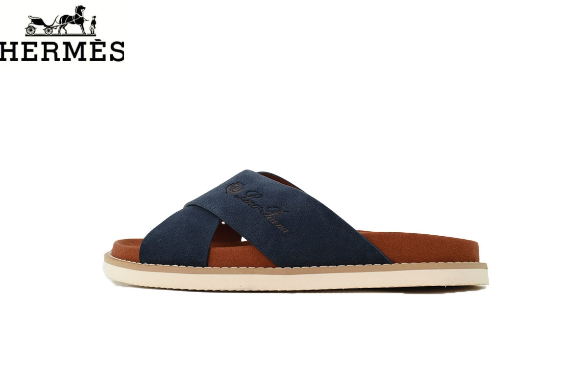 Hermès Cross Strap Suede Slide Sandals "Navy Blue"