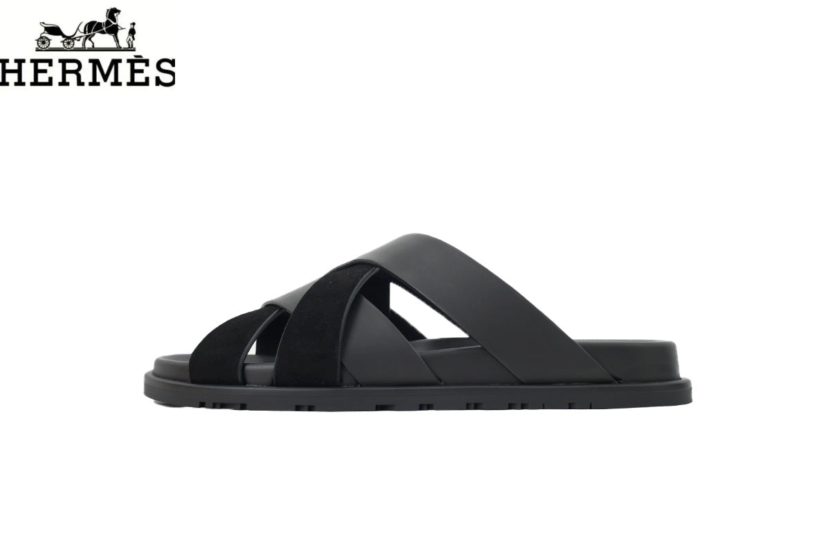 Hermès Cross Strap Canvas Leather Slide Sandals "Black & Tan"