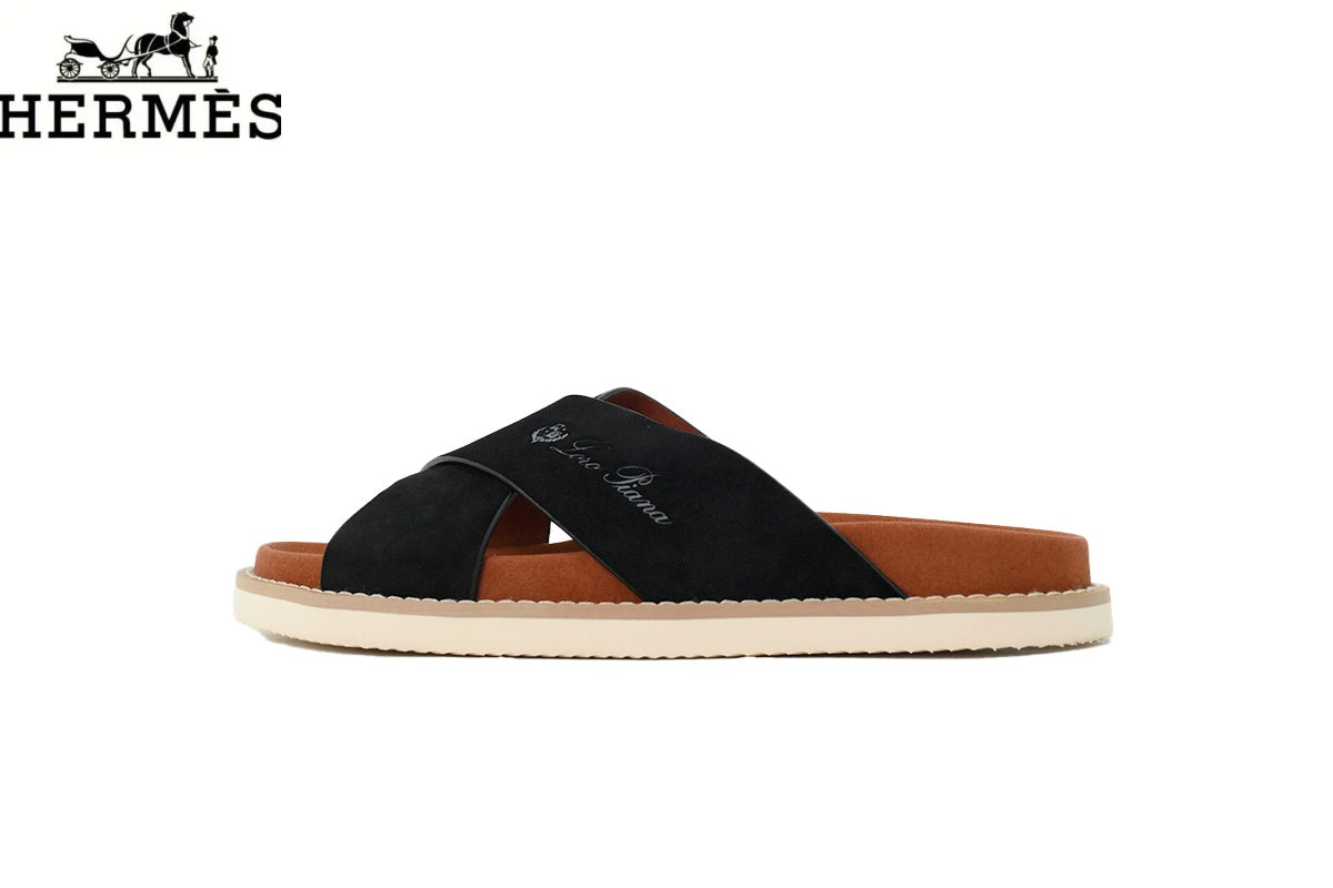 Loro Piana Cross Strap Suede Slide Sandals "Black"