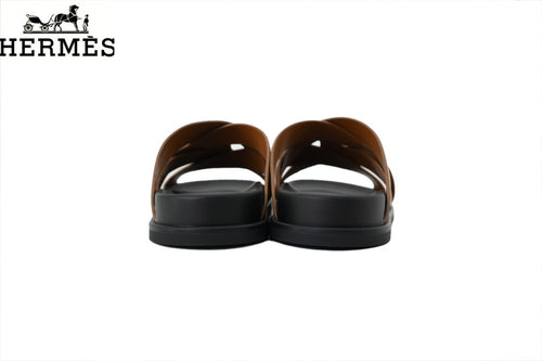 Hermès Braided Cross Strap Slide Sandals "Cognac Brown"