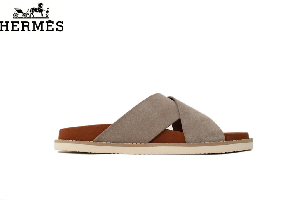 Loro Piana Cross Band Suede Slide Sandals "Light Taupe"