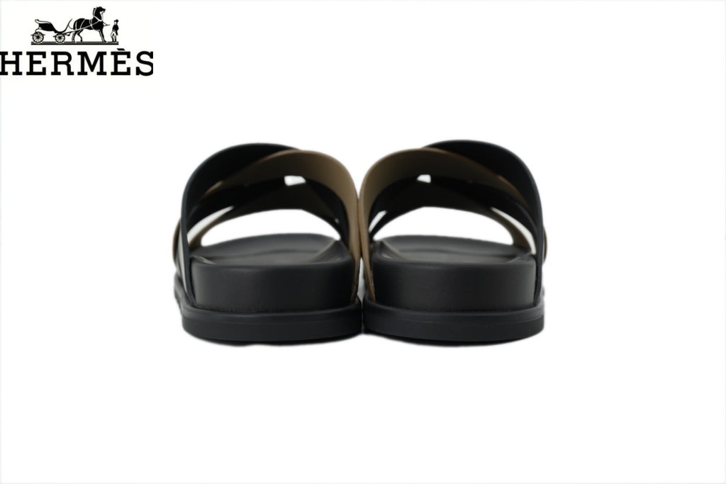 Hermès Braided Cross Strap Slide Sandals "Black & Khaki"