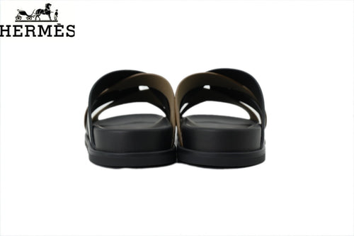 Hermès Braided Cross Strap Slide Sandals "Black & Khaki"