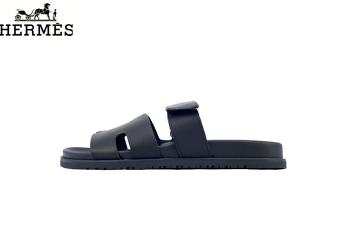 Hermès Chypre Adjustable Strap Leather Slide Sandals "Black"