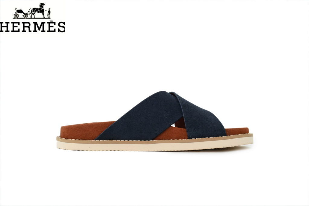 Hermès Cross Strap Suede Slide Sandals "Navy Blue"