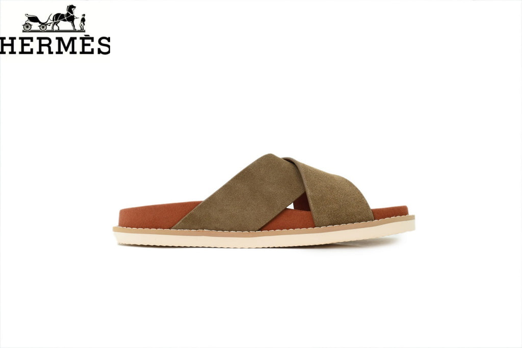 Loro Piana Cross Strap Suede Slide Sandals "Olive Green"