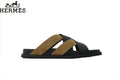 Hermès Braided Cross Strap Slide Sandals "Black & Khaki"