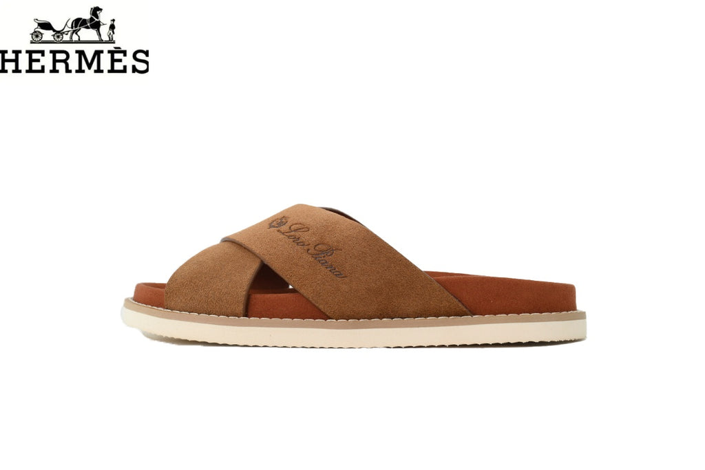 Loro Piana Cross Strap Suede Slide Sandals "Chestnut"