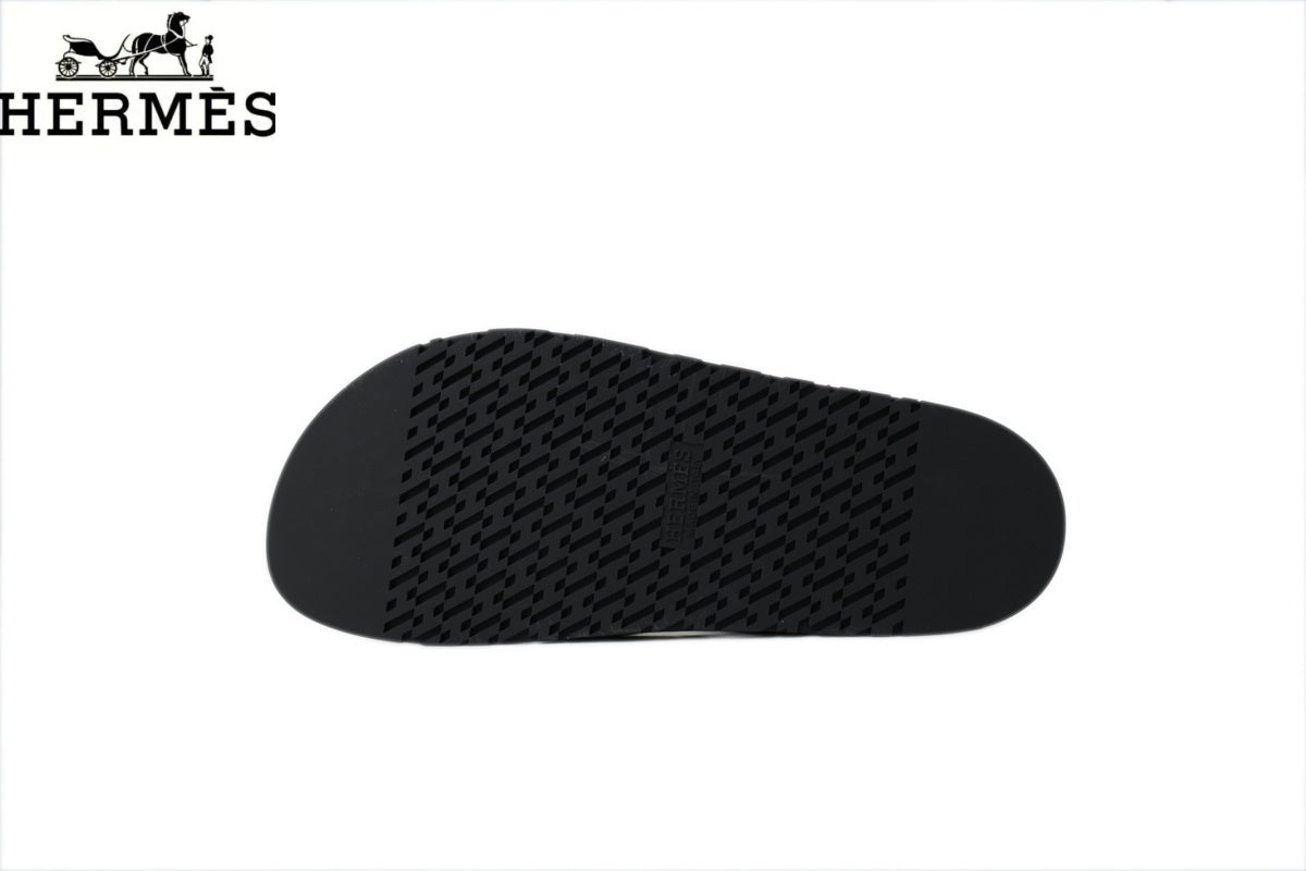 Hermès Braided Cross Strap Slide Sandals "Black & Khaki"