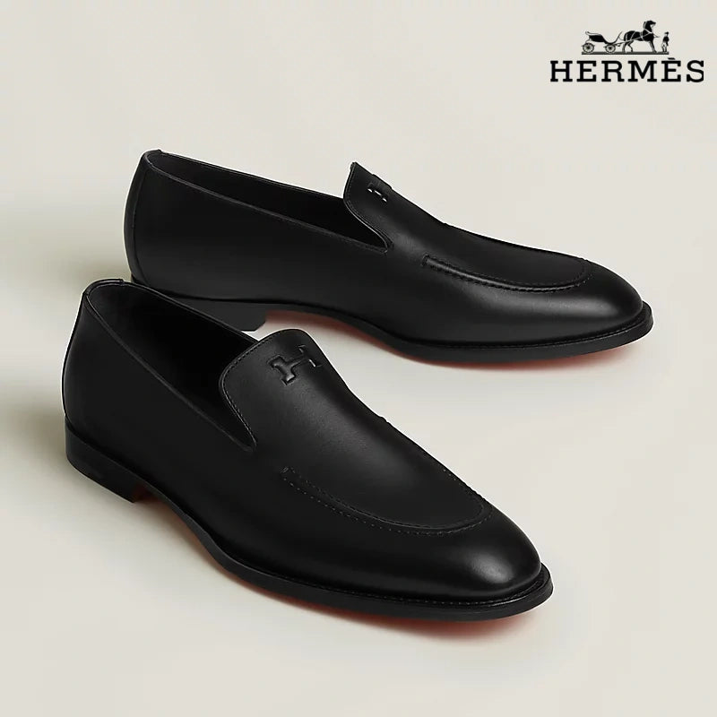 Hermès Newton Series Men's Black Box Calf Leather H Logo Loafers