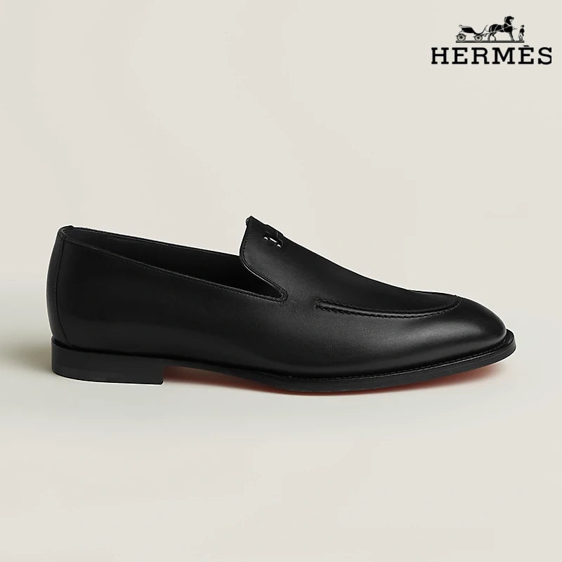 Hermès Newton Series Men's Black Box Calf Leather H Logo Loafers