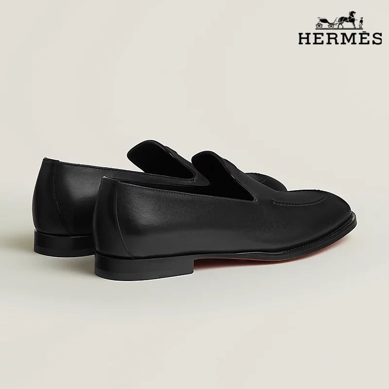 Hermès Newton Series Men's Black Box Calf Leather H Logo Loafers