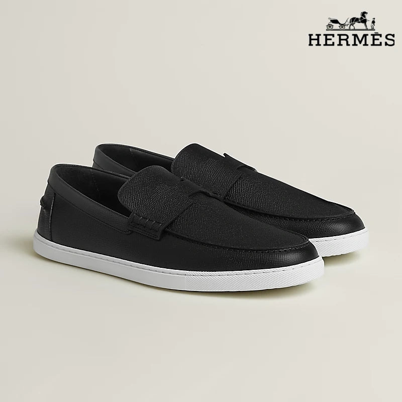 Hermès Montebello Series Men's Black Epsom Leather Loafers