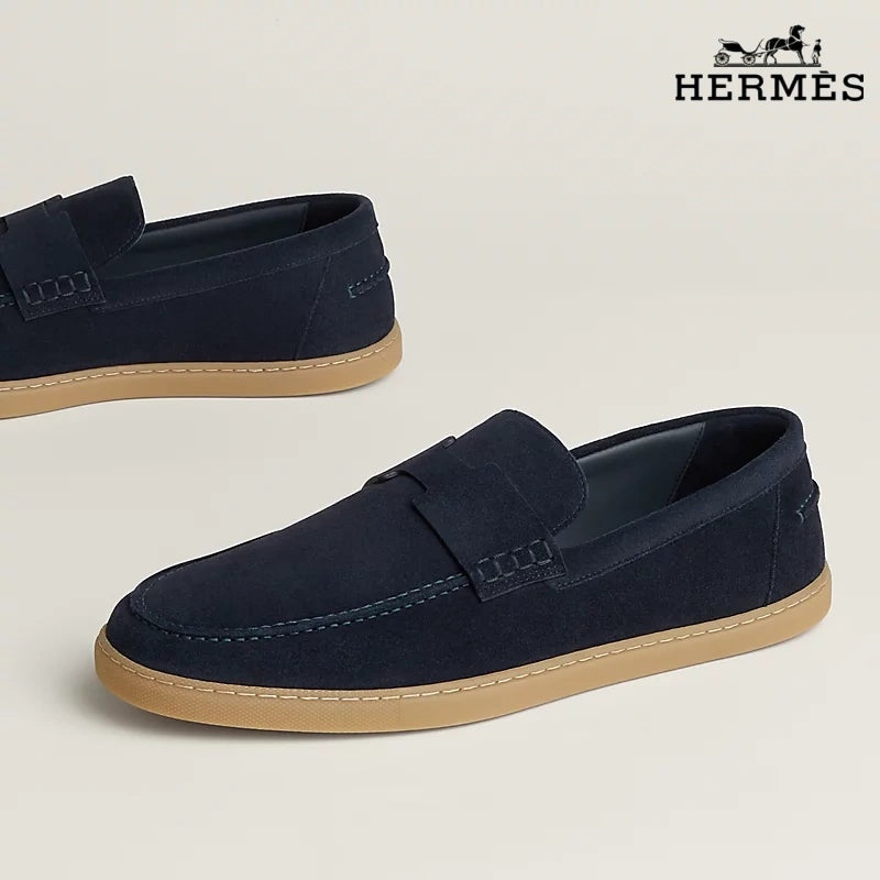 Hermès Montebello Series Men's Navy Suede Leather Loafers