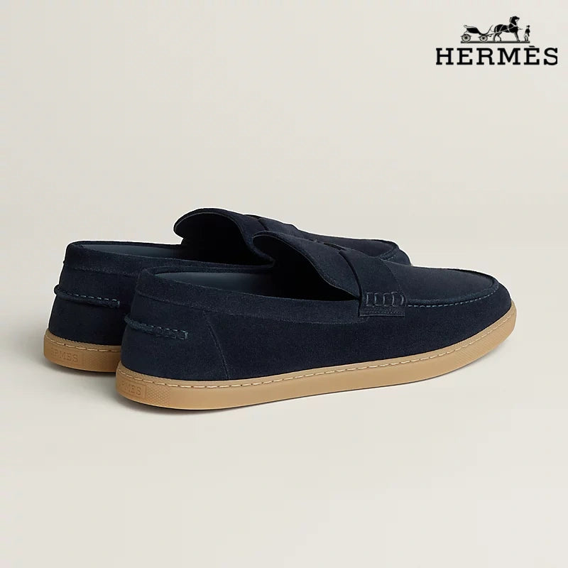 Hermès Montebello Series Men's Navy Suede Leather Loafers