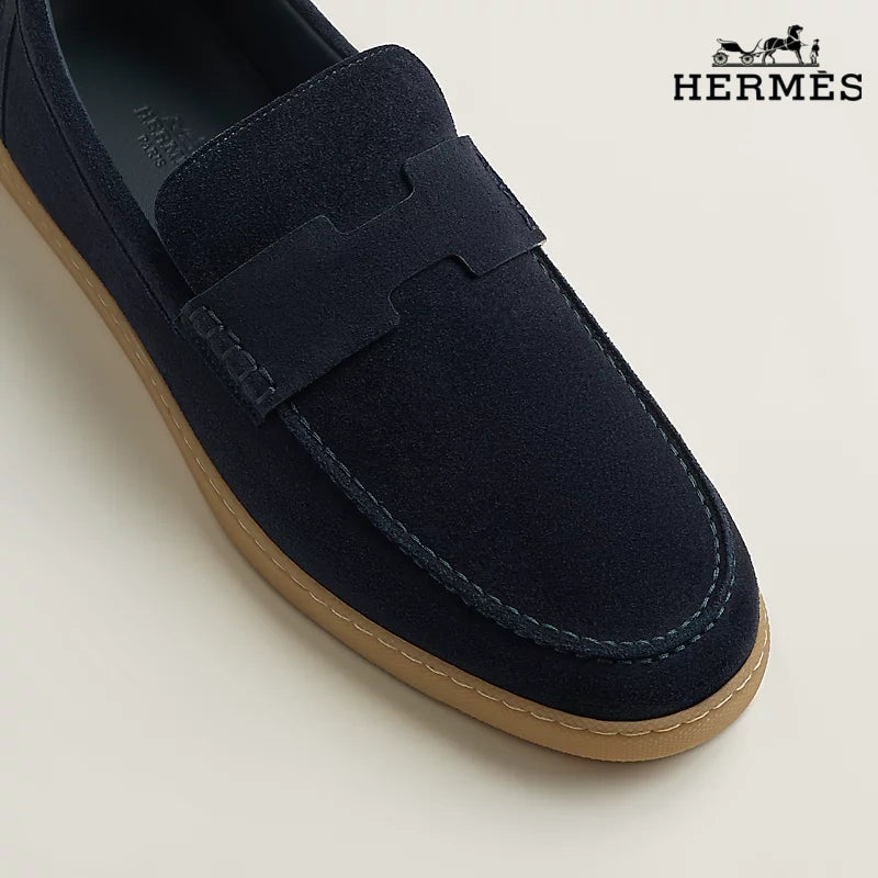 Hermès Montebello Series Men's Navy Suede Leather Loafers