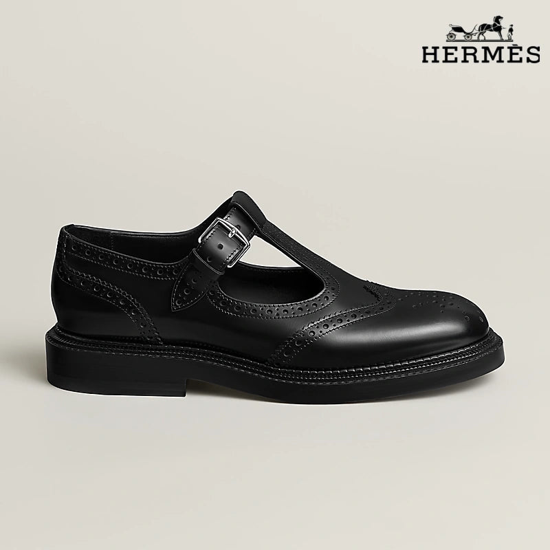 Hermès Royal Series T-Strap Brogue Mary Jane Leather Shoes "Black"