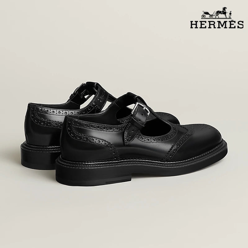 Hermès Royal Series T-Strap Brogue Mary Jane Leather Shoes "Black"