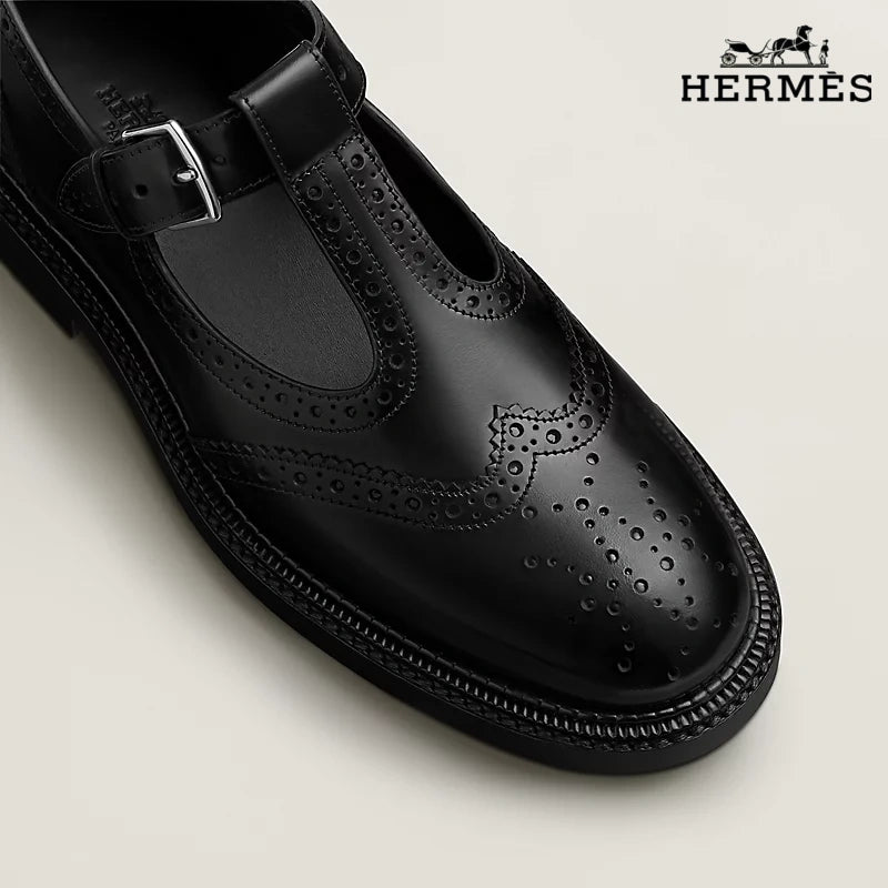 Hermès Royal Series T-Strap Brogue Mary Jane Leather Shoes "Black"