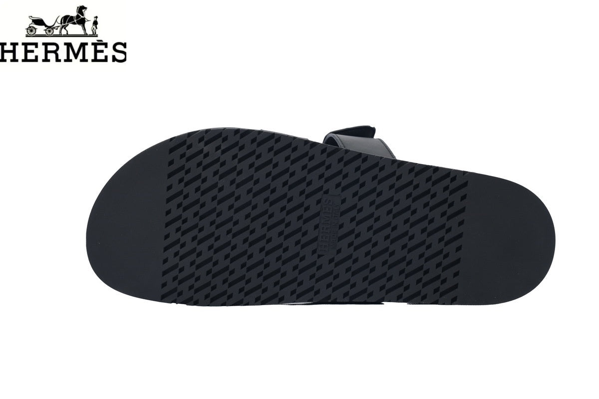 Hermès Chypre Adjustable Strap Leather Slide Sandals "Black"