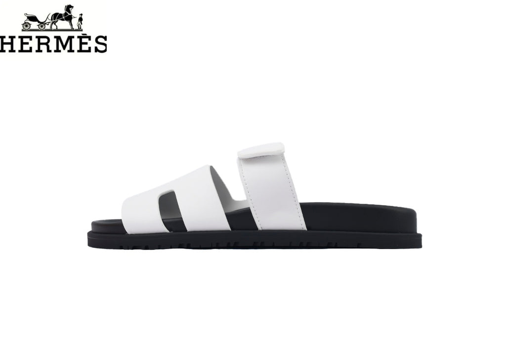 Hermès Chypre Adjustable Strap Leather Slide Sandals "White"