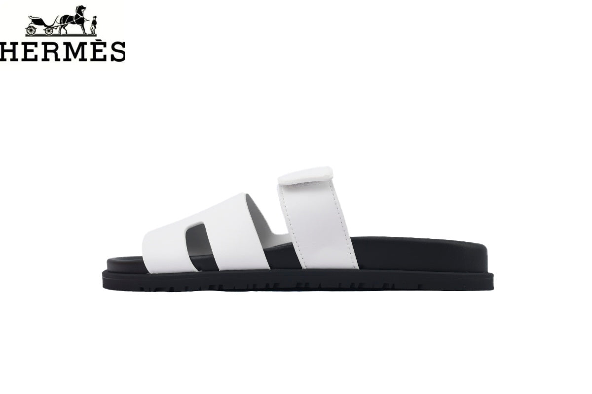 Hermès Chypre Adjustable Strap Leather Slide Sandals "White"