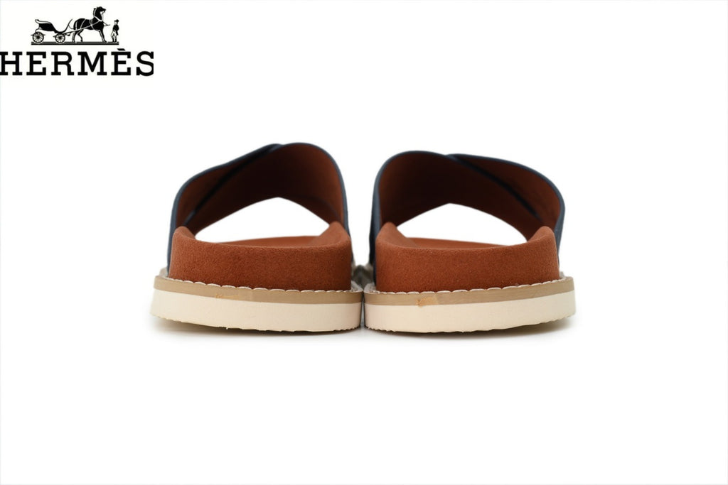 Hermès Cross Strap Suede Slide Sandals "Navy Blue"