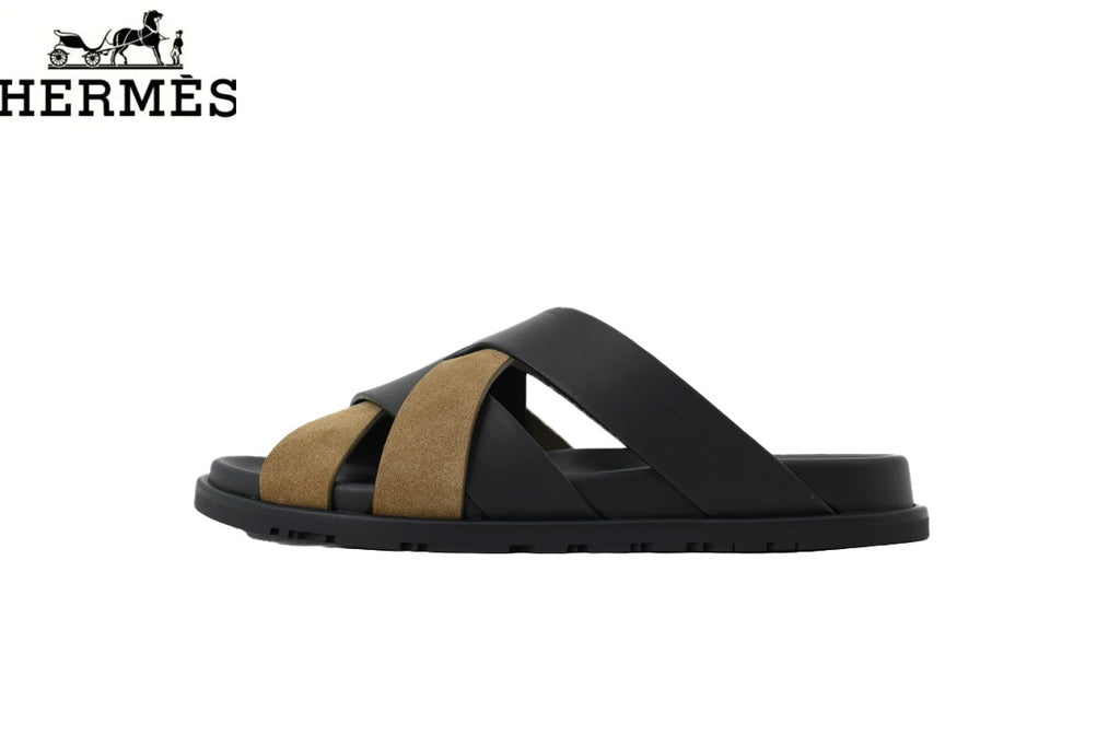 Hermès Braided Cross Strap Slide Sandals "Black & Khaki"
