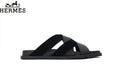 Hermès Cross Band Leather Suede Slide Sandals "Black"