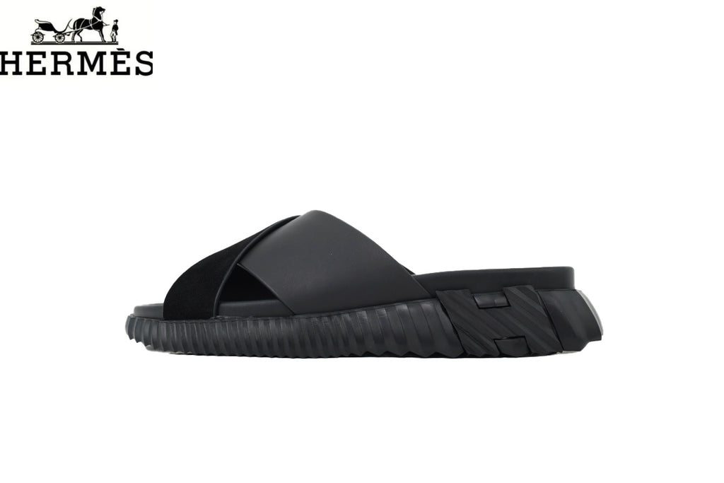 Hermès Cross Strap Thick Sole Men Slide Sandals "Black"