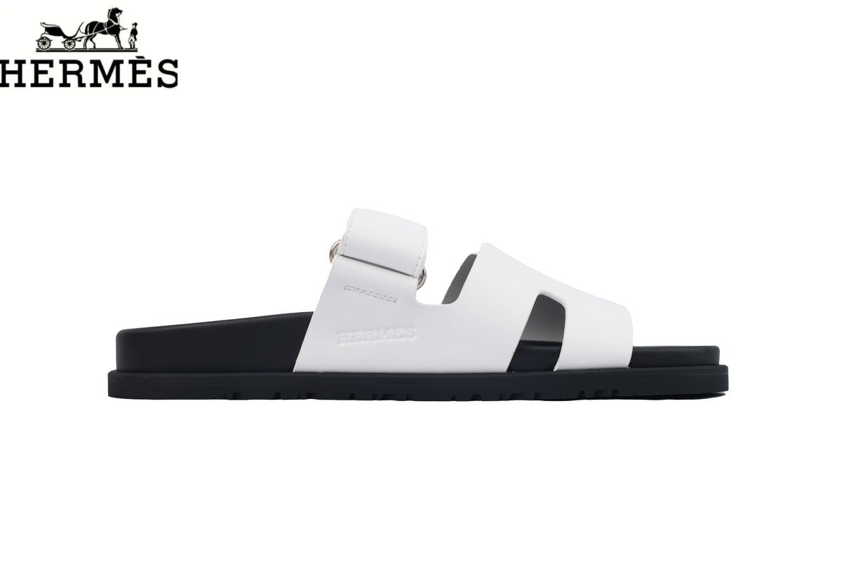 Hermès Chypre Adjustable Strap Leather Slide Sandals "White"