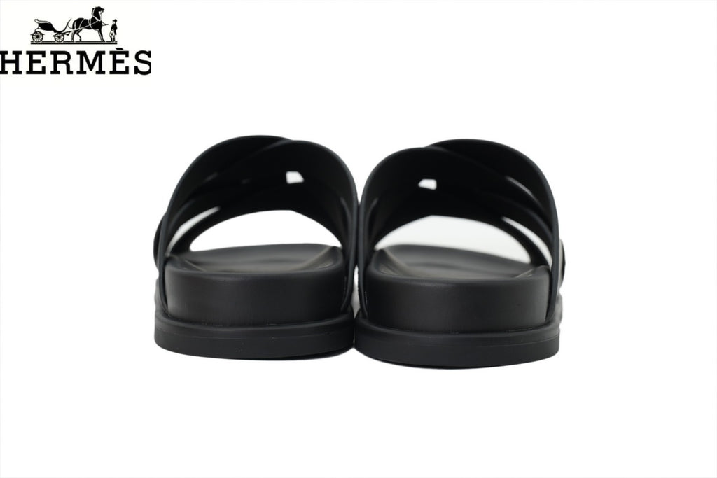Hermès Cross Strap Canvas Leather Slide Sandals "Black & Tan"
