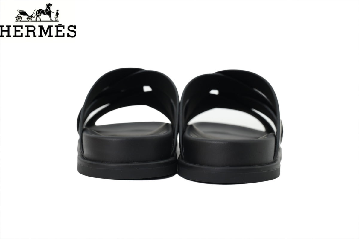Hermès Cross Strap Canvas Leather Slide Sandals "Black & Tan"