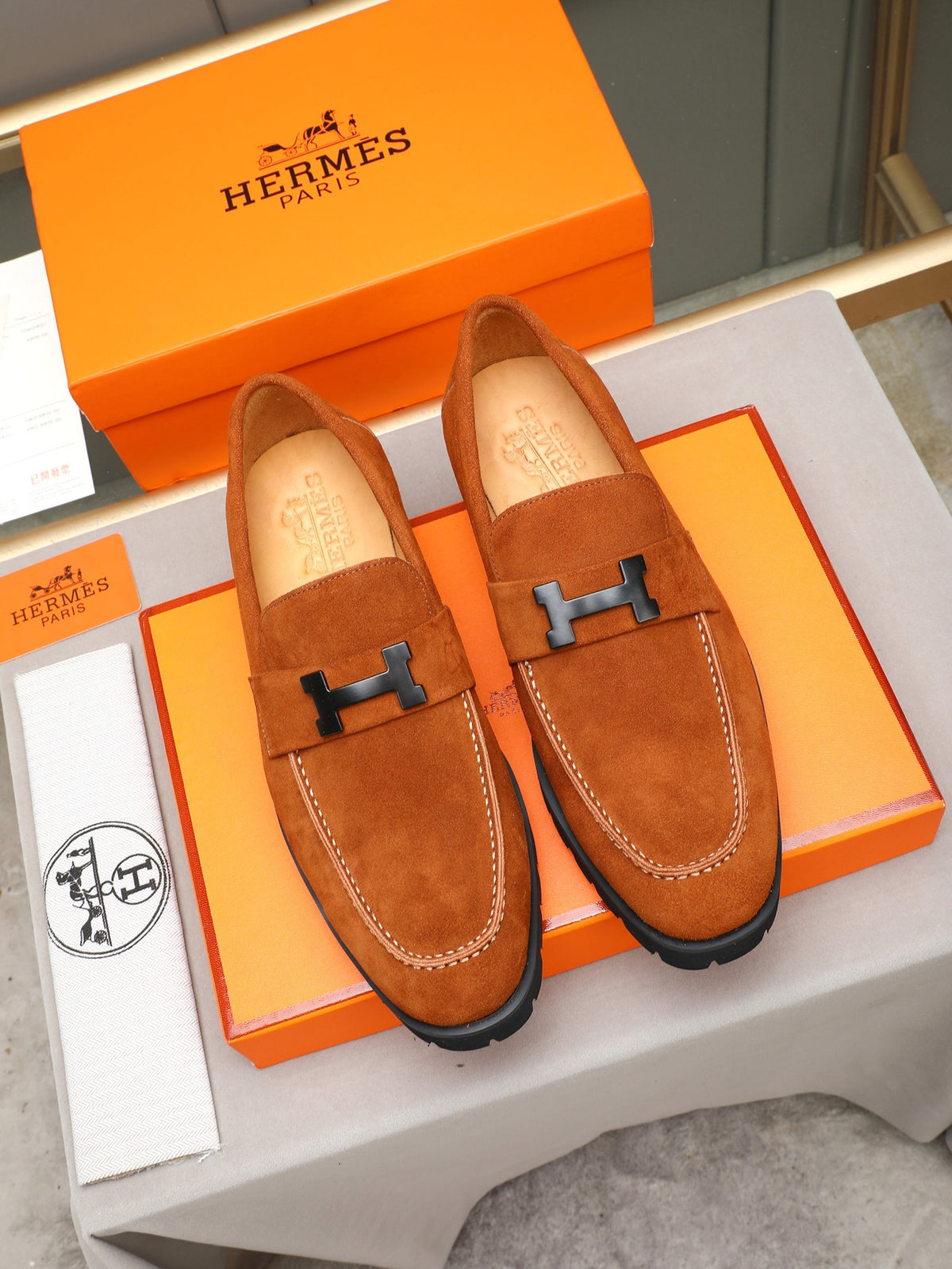 Hermès Trait Loafer "Cognac" Suede Leather Men Thick Sole Loafers