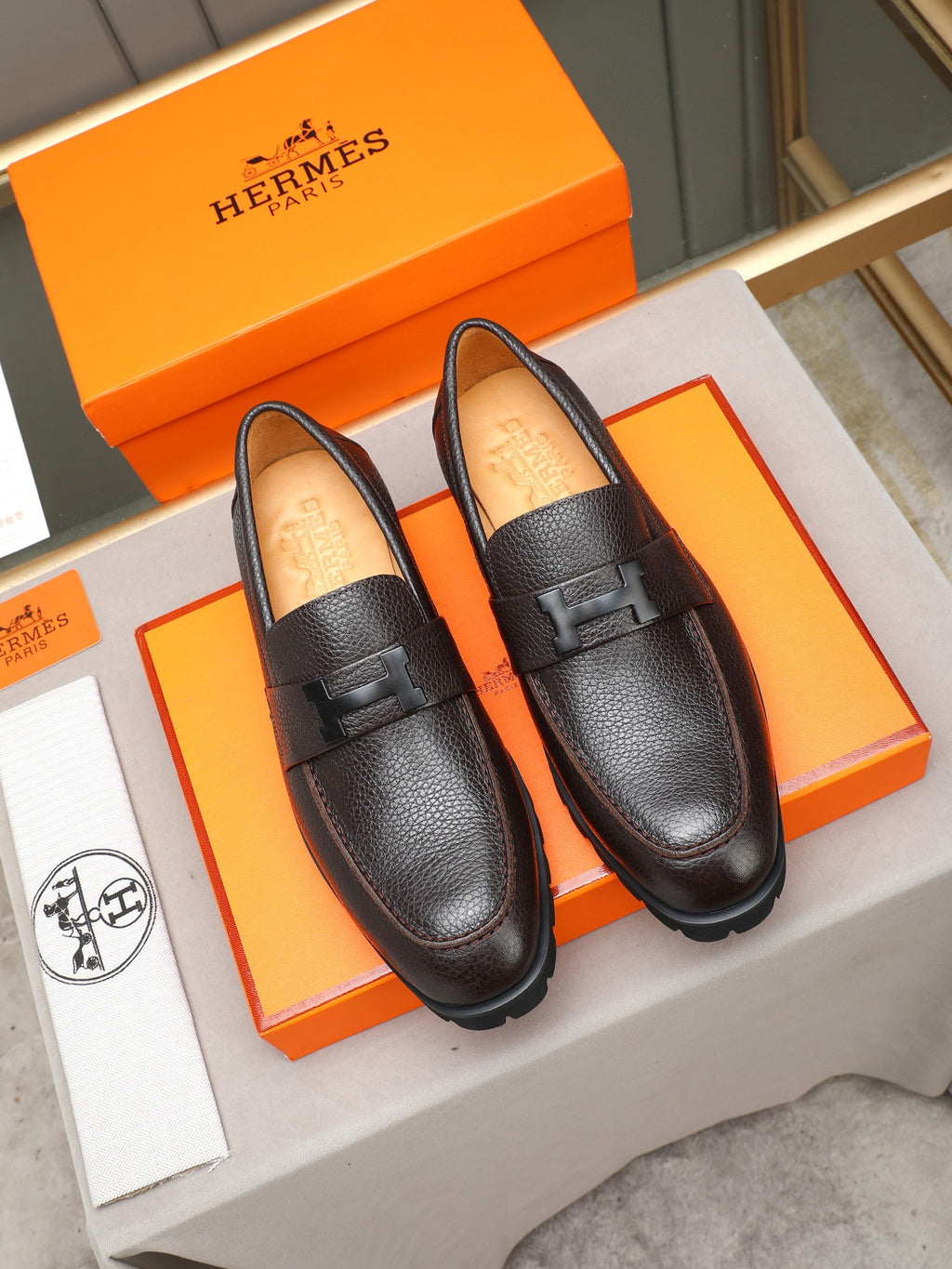 Hermès Trait Loafer "Dark Brown" Grain Leather Men Thick Sole Loafers