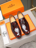 Hermes Group Series "Burgundy" Patent Leather H Logo Thick Sole Men Loafers