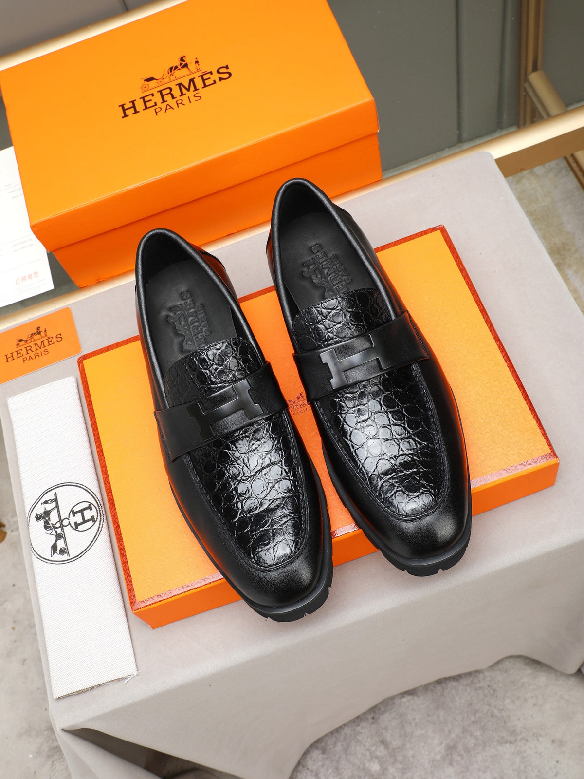 Hermès Trait Loafer "Black" Croc Embossed Leather Men Thick Sole Loafers