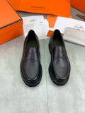 Hermes Group Series "Black" Grain Leather Men Chunky Penny Loafers