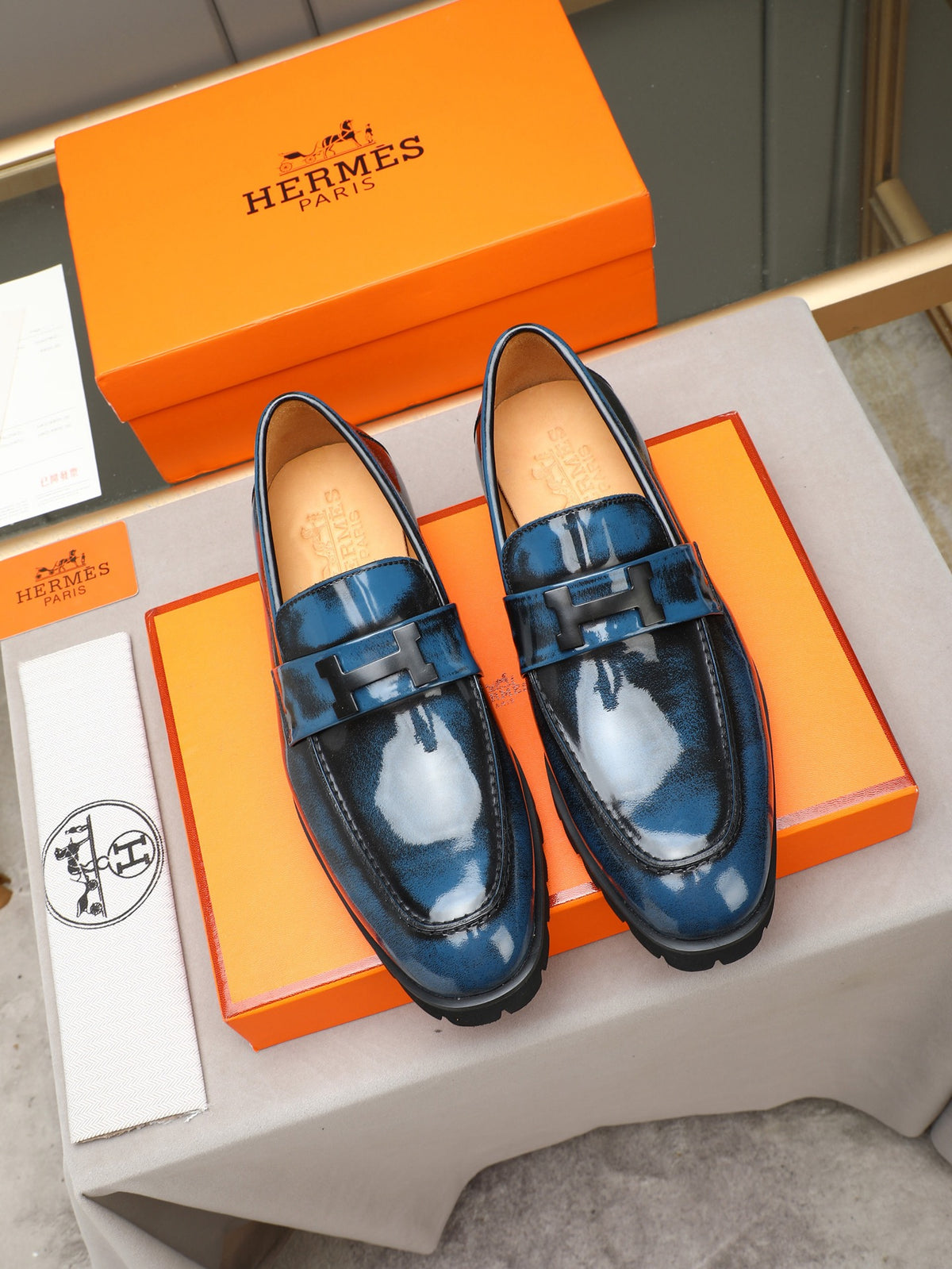 Hermès Trait Loafer "Dark Blue" Patent Leather Men Thick Sole Loafers
