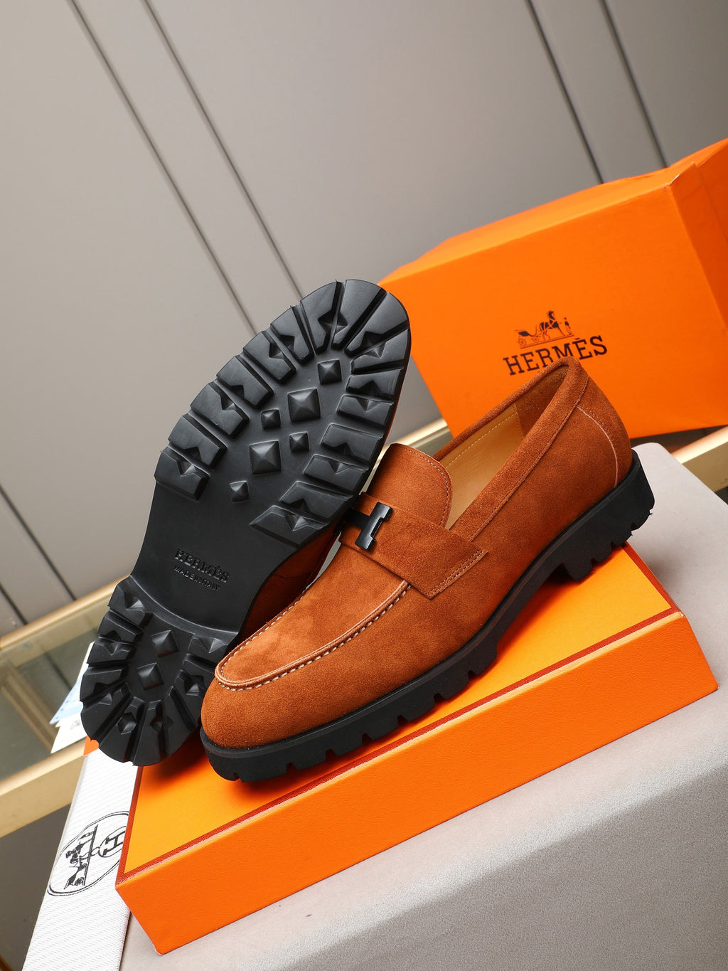 Hermès Trait Loafer "Cognac" Suede Leather Men Thick Sole Loafers
