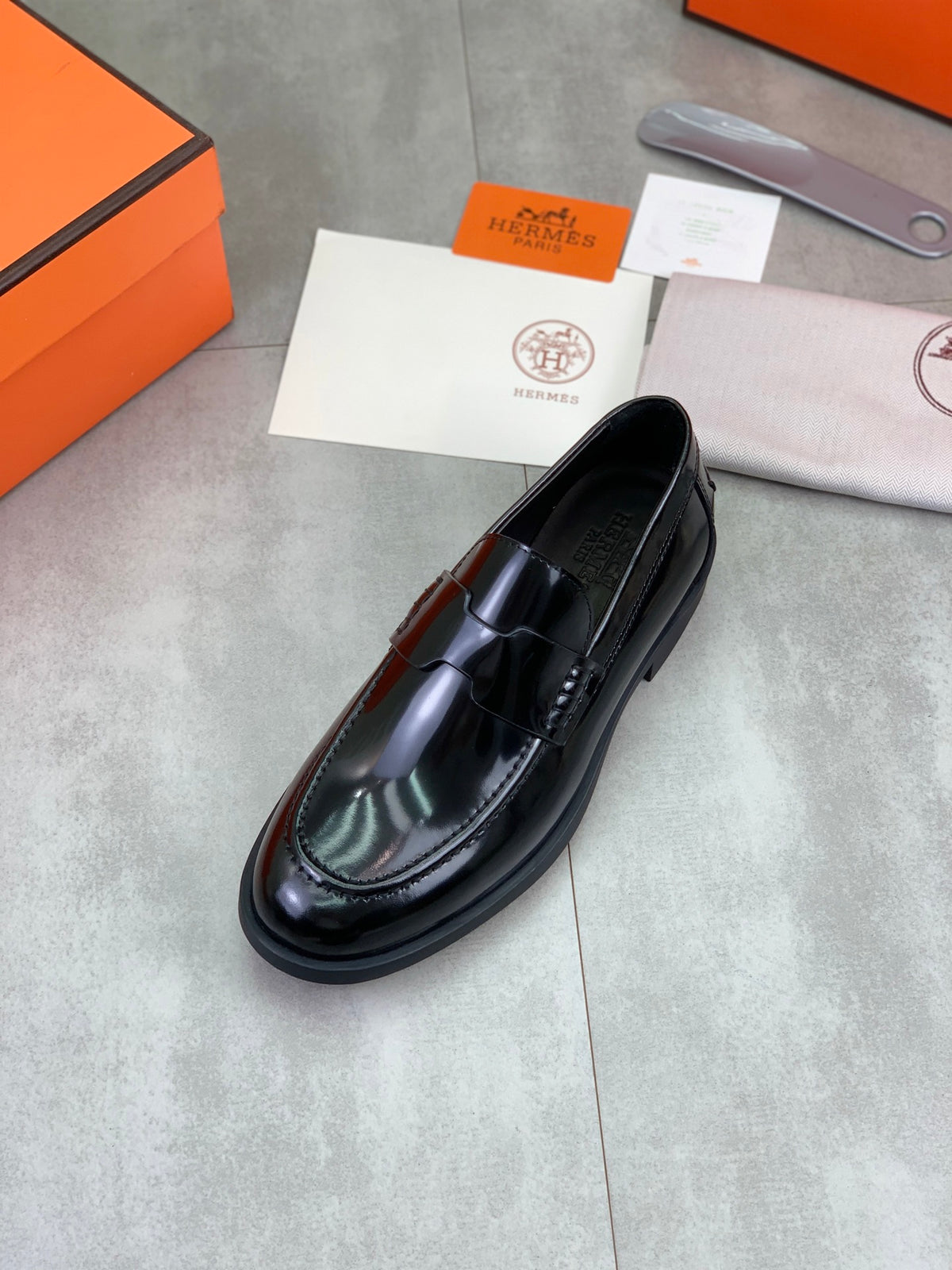 Hermes Group Series "Black" Patent Leather Penny Men Loafers
