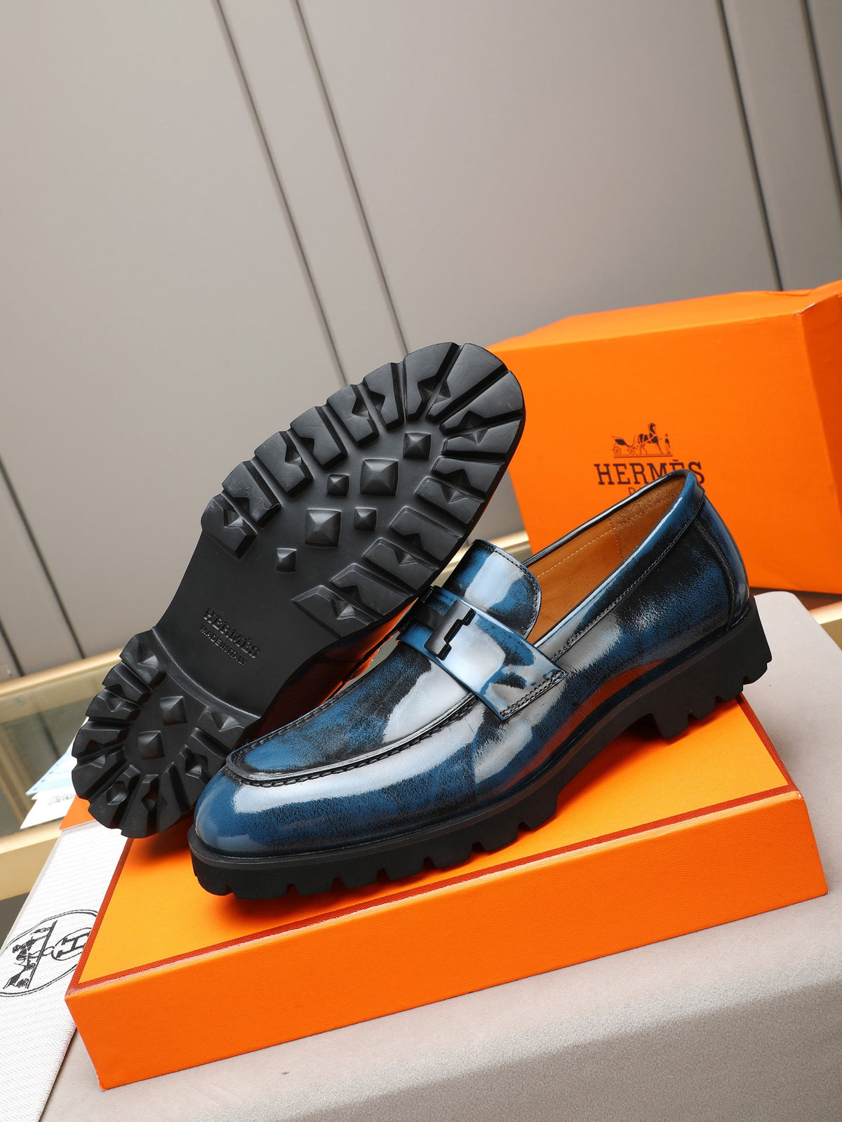 Hermès Trait Loafer "Dark Blue" Patent Leather Men Thick Sole Loafers