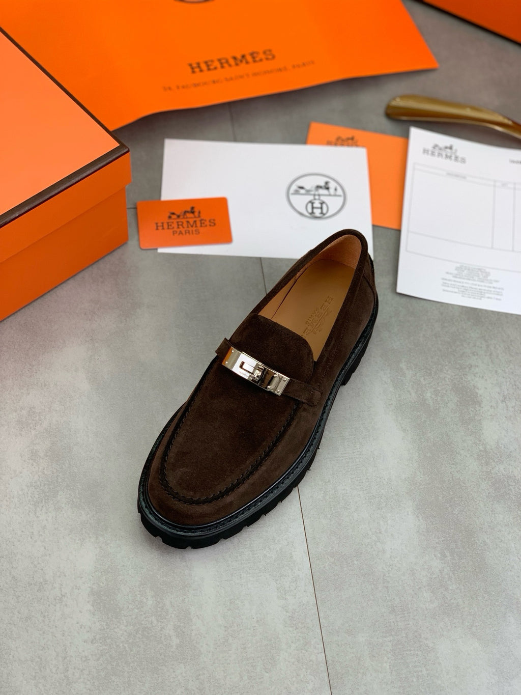 Hermes Group Series "Dark Brown" Suede Kelly Buckle Men Chunky Loafers