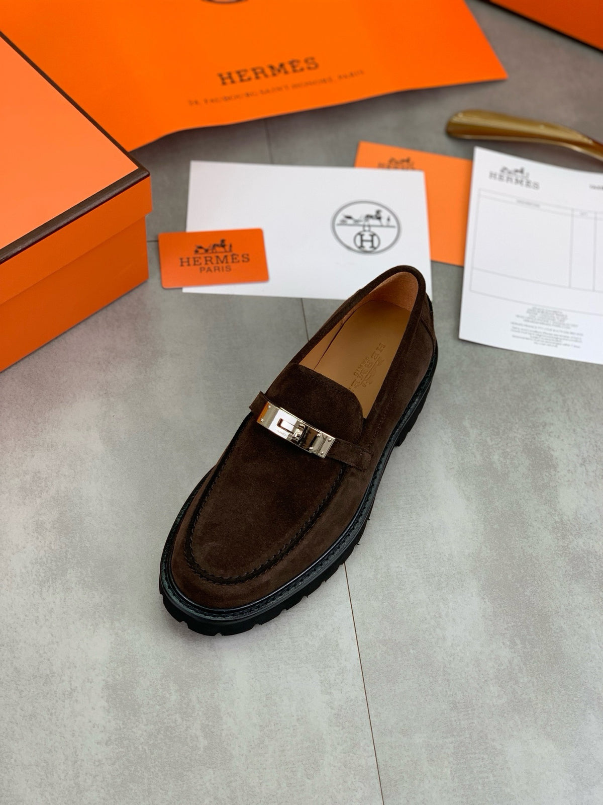 Hermes Group Series "Dark Brown" Suede Kelly Buckle Men Chunky Loafers