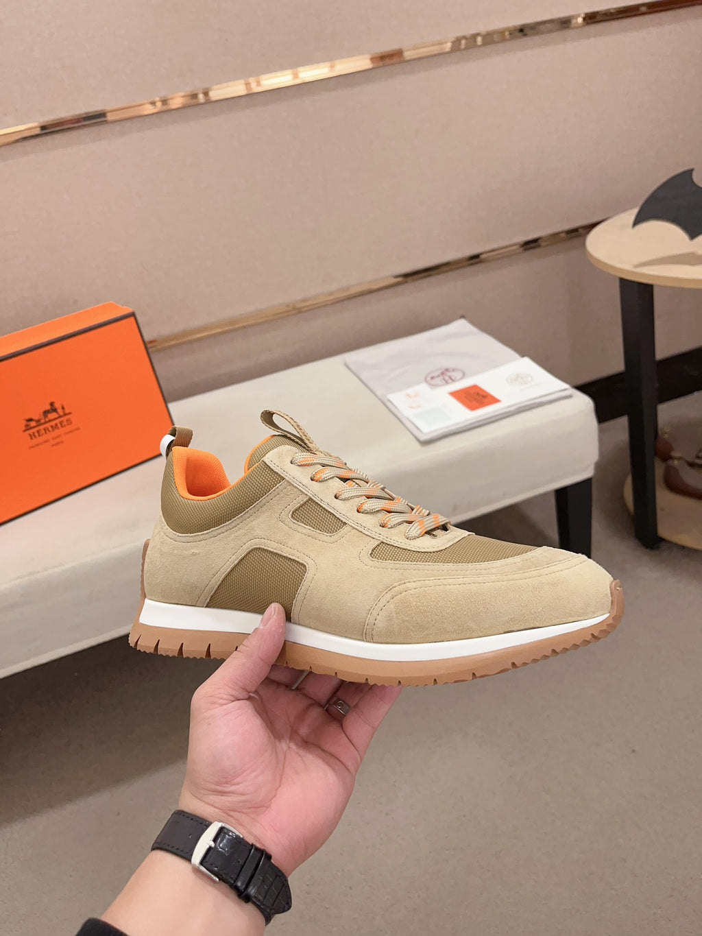 Hermès Trail Sneaker "Beige" Suede Mesh Men Outdoor Sneakers