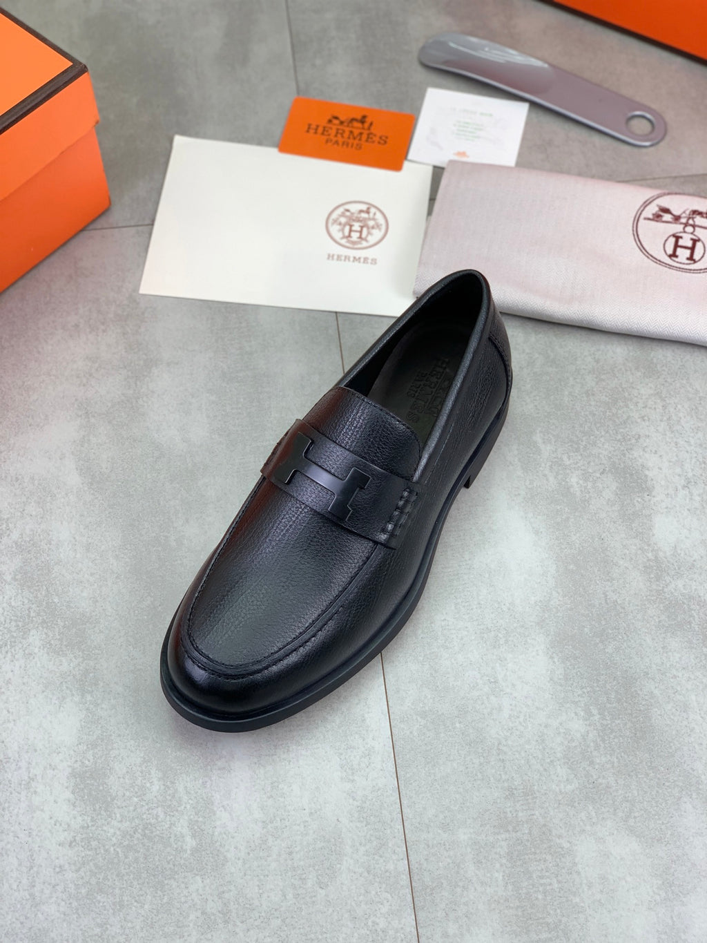Hermes Group Series "Black" Grain Leather H Logo Men Loafers