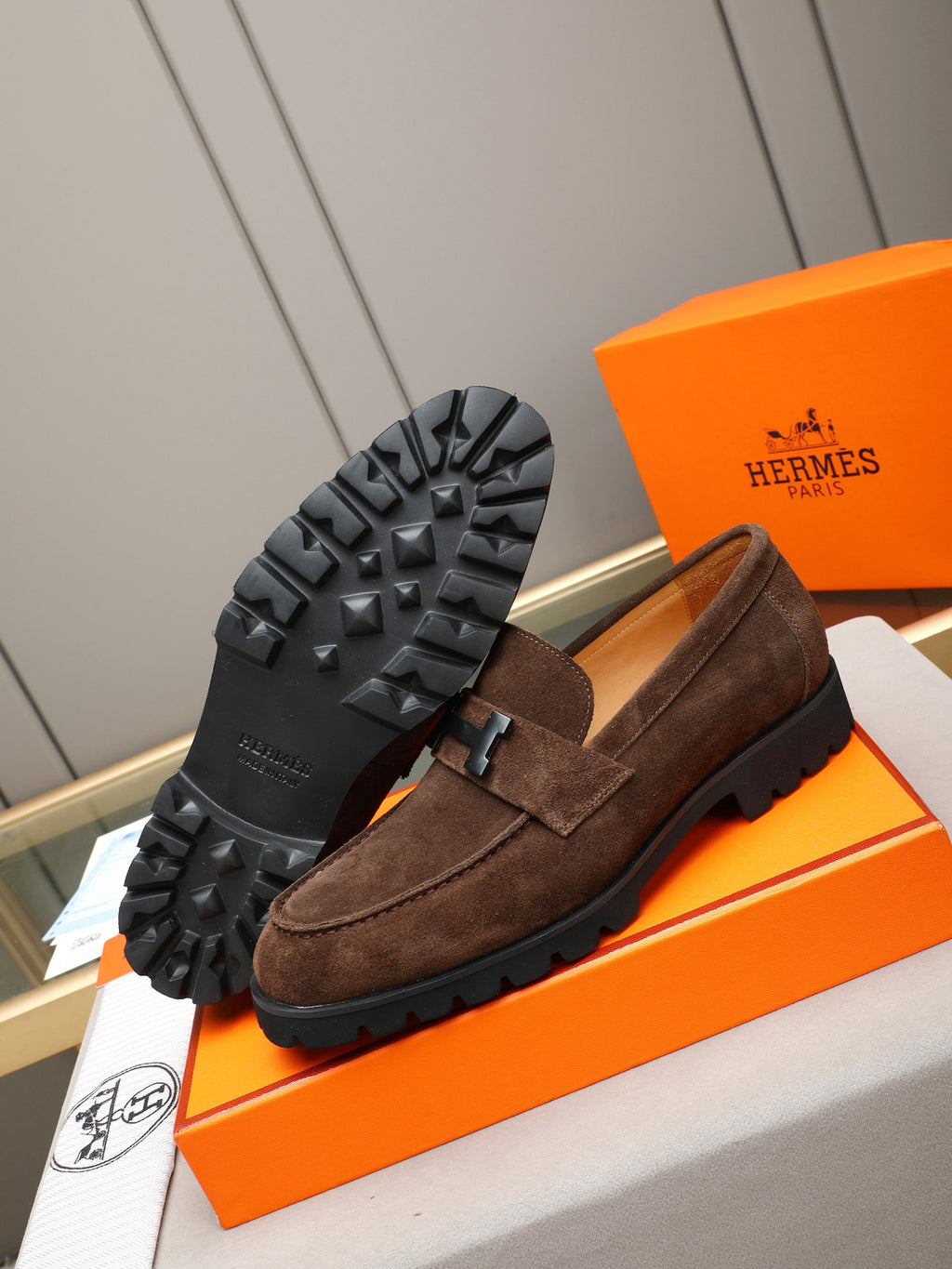 Hermès Trait Loafer "Brown" Suede Leather Men Thick Sole Loafers