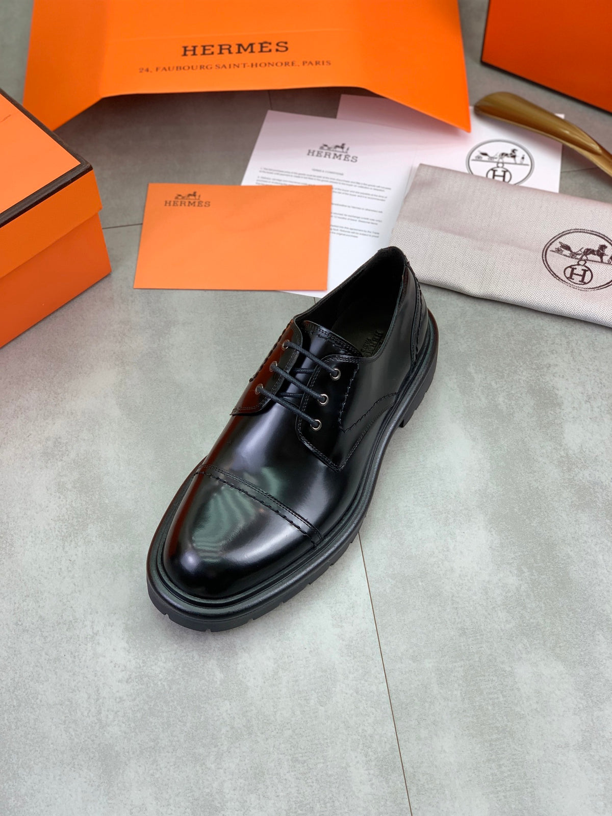 Hermes Group Series "Black" Patent Leather Cap Toe Men Derby Shoes