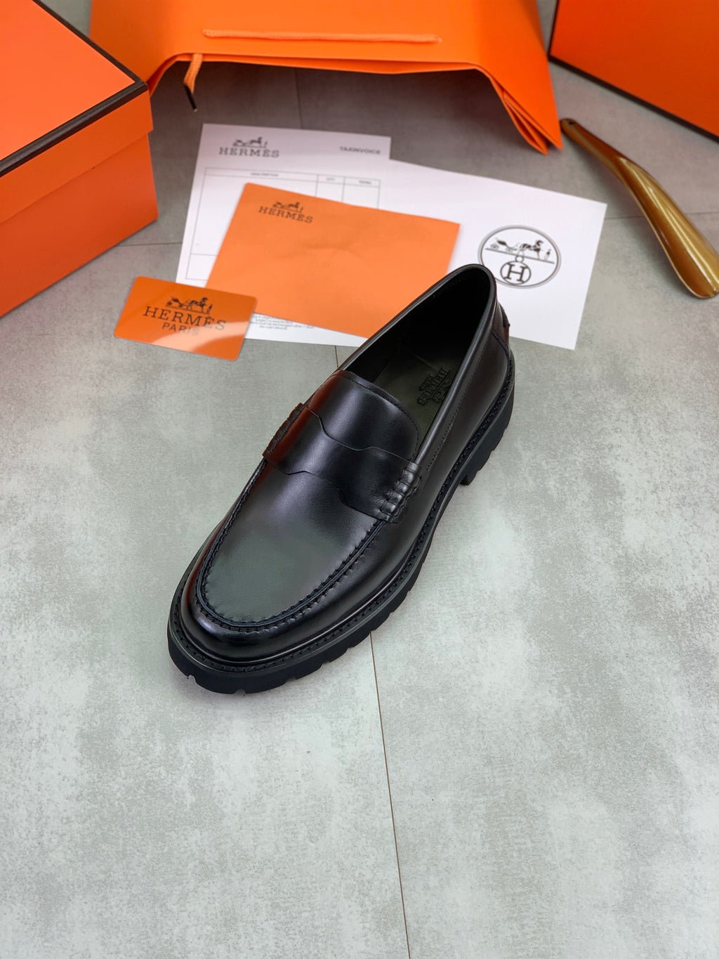Hermes Group Series "Black" Smooth Leather Men Chunky Penny Loafers